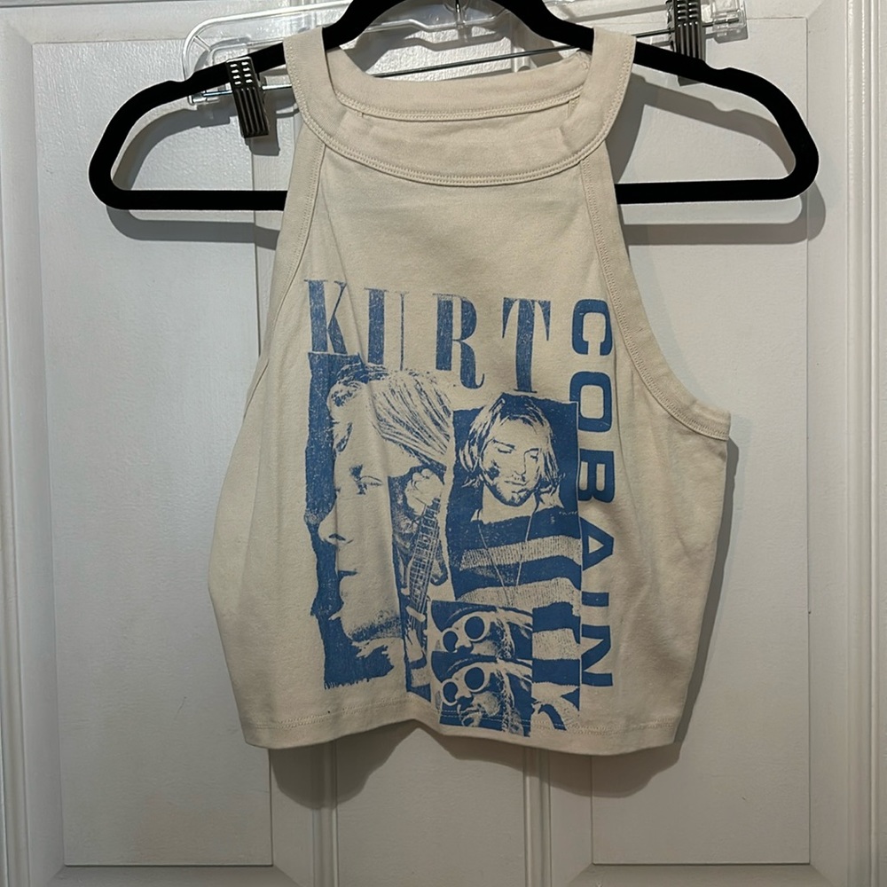 American Eagle Outfitters Cream Tank Top with Blue Kurt Cobain Graphic